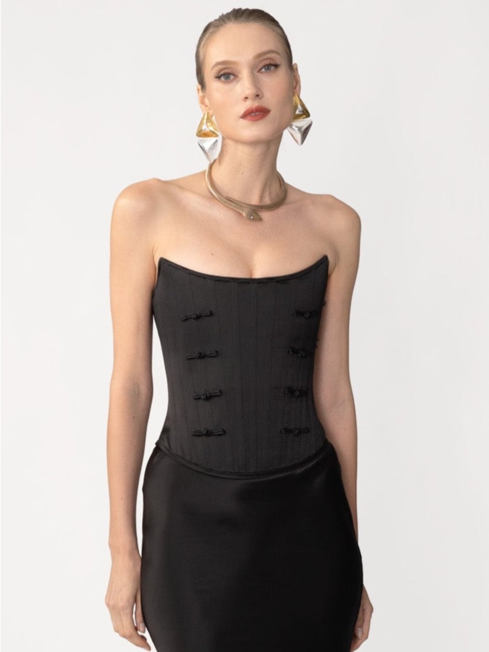SAU LEE Della Satin Corset Top in Black